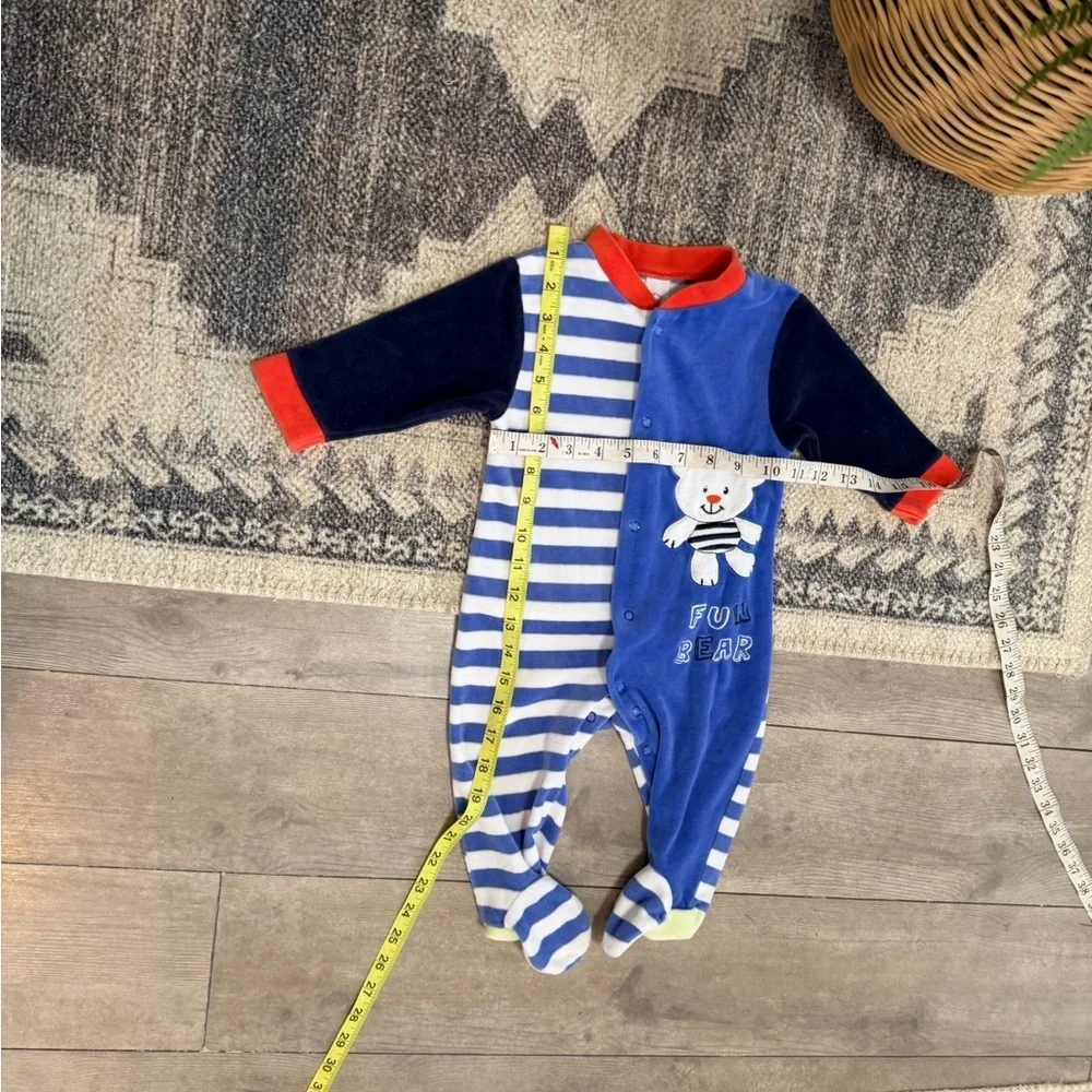 Vintage Baby Boy Color Block Striped Bear Terry Cloth Footies Size 6-9 Months